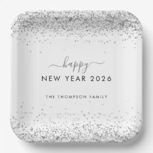 Silver Glitzer Name White Happy New Year 2025 Pappteller
