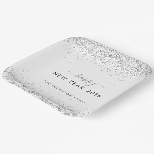 Silver Glitzer Name White Happy New Year 2026 Pappteller (Gewinkelt)