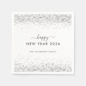 Silver Glitzer Name White Happy New Year 2026 Serviette (Vorderseite)