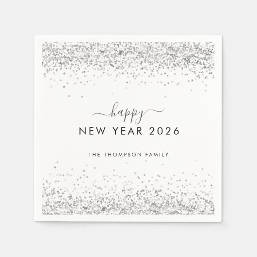 Silver Glitzer Name White Happy New Year 2026 Serviette (Vorderseite)