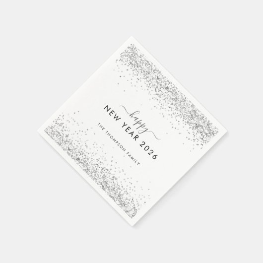 Silver Glitzer Name White Happy New Year 2026 Serviette (Ecke)