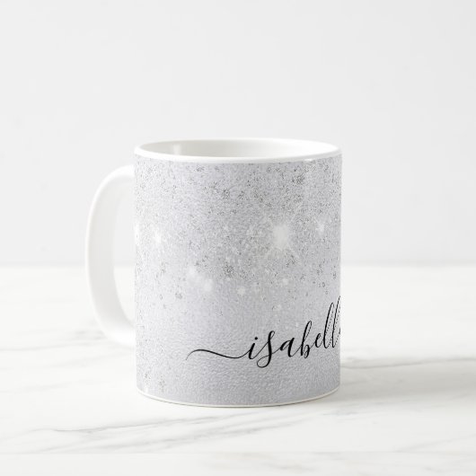 Silver Glitzer Namensskript glamourös Kaffeetasse (Vorderseite Links)