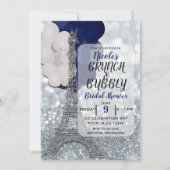 Silver Glitzer Navy Balloons Eiffel Tower Paris Einladung (Vorderseite)