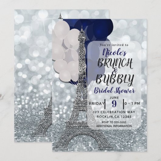 Silver Glitzer Navy Balloons Eiffel Tower Paris Einladung (Vorne/Hinten)