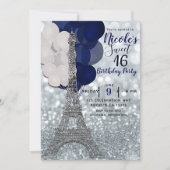 Silver Glitzer Navy Balloons Paris Eiffel Tower Einladung (Vorderseite)