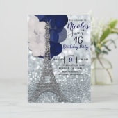 Silver Glitzer Navy Balloons Paris Eiffel Tower Einladung (Stehend Vorderseite)