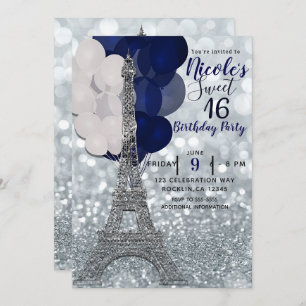 Silver Glitzer Navy Balloons Paris Eiffel Tower Einladung