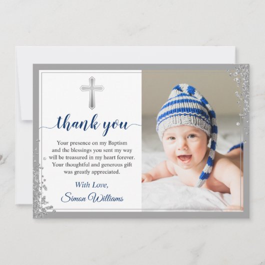 Silver Glitzer Navy Blue Boy Taufskript Dankeskarte (Vorderseite)