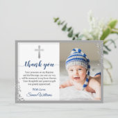 Silver Glitzer Navy Blue Boy Taufskript Dankeskarte (Stehend Vorderseite)