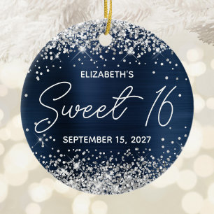Silver Glitzer Navy Blue Extravagant Sweet 16 Foto Keramik Ornament
