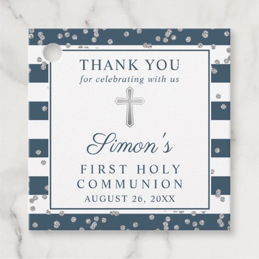 Silver Glitzer Navy Blue First Communation Vielen Geschenkanhänger (Vorderseite)
