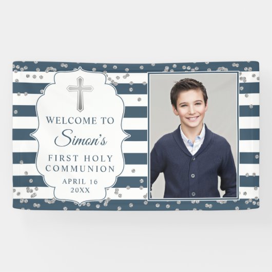 Silver Glitzer Navy Blue First Kommune Foto Banner (Horizontal)