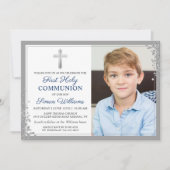 Silver Glitzer Navy Blue First Kommune Foto Einladung (Vorderseite)