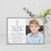 Silver Glitzer Navy Blue First Kommune Foto Einladung (Stehend Vorderseite)