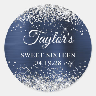 Silver Glitzer Navy Blue Foil 16 . Geburtstag Runder Aufkleber