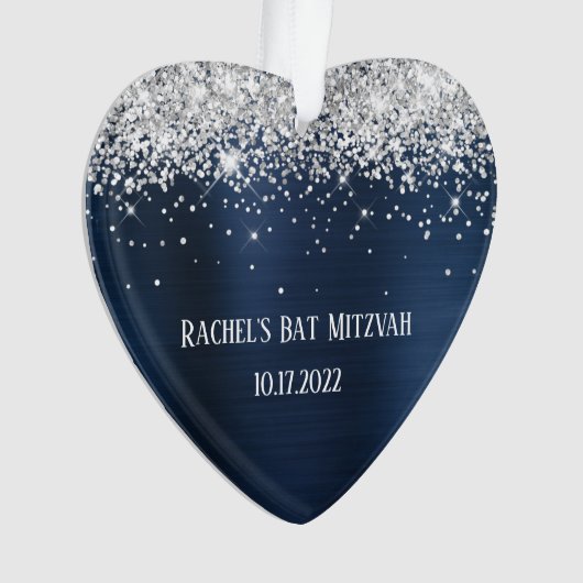 Silver Glitzer Navy Blue Foil Bat Mitzvah Herz Ornament (Vorderseite)