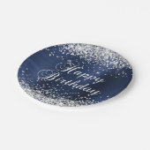 Silver Glitzer Navy Blue Foil Happy Birthday Pappteller (Schrägansicht)