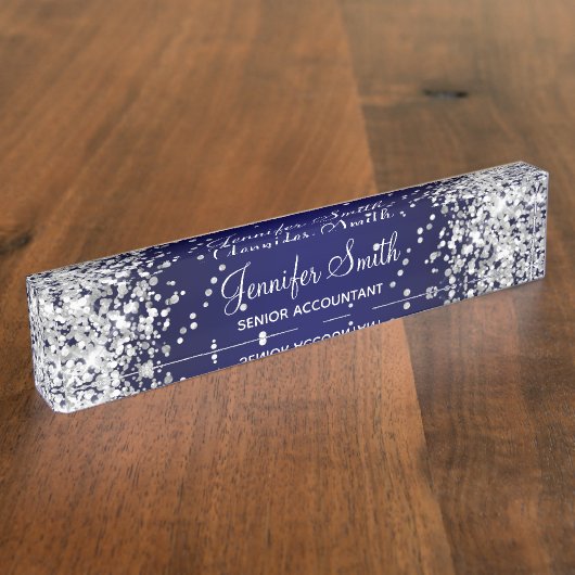 Silver Glitzer Navy Blue Gradient Namensplakette (Seite)