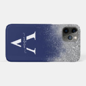 Silver Glitzer Navy Blue Monogram EleganCustom Case-Mate iPhone Hülle (Rückseite (Horizontal))