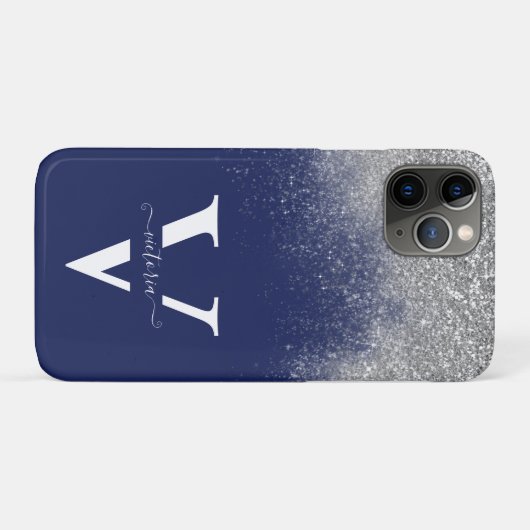 Silver Glitzer Navy Blue Monogram EleganCustom Case-Mate iPhone Hülle (Rückseite (Horizontal))