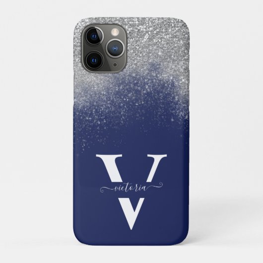 Silver Glitzer Navy Blue Monogram EleganCustom Case-Mate iPhone Hülle (Rückseite)