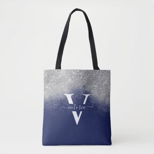 Silver Glitzer Navy Blue Monogram Trendy Custom Tasche (Vorderseite)