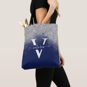 Silver Glitzer Navy Blue Monogram Trendy Custom Tasche