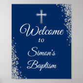 Silver Glitzer Navy Blue Taufe Willkommen Poster (Vorne)