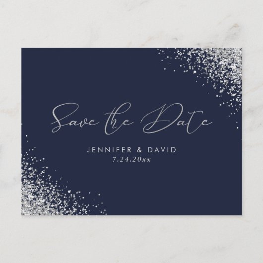 Silver Glitzer Navy Blue Wedding speichern das Dat Ankündigungspostkarte (Vorderseite)