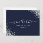 Silver Glitzer Navy Blue Wedding speichern das Dat Ankündigungspostkarte (Vorne/Hinten)