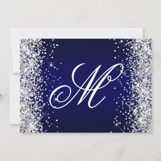Silver Glitzer Navy Gradient Extravagant Monogram Einladung (Rückseite)
