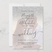 Silver Glitzer ombre Blue Script Foto Hochzeit Einladung (Vorderseite)
