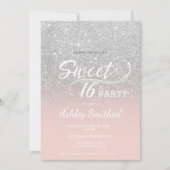 Silver Glitzer ombre blush pink Sweet 16 Einladung (Vorderseite)