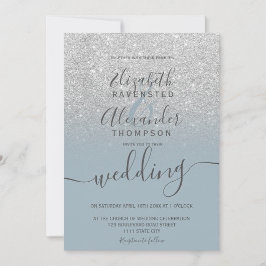 Silver Glitzer ombre dusty blue script wedung Einladung (Vorderseite)