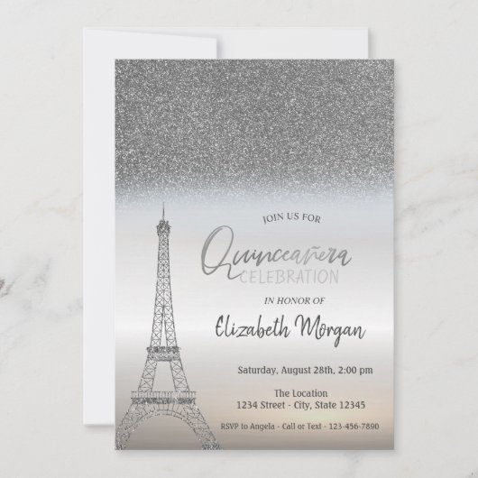 Silver Glitzer Ombre, Eiffelturm Quinceanera Einladung (Vorderseite)