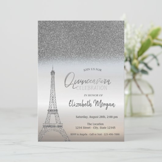 Silver Glitzer Ombre, Eiffelturm Quinceanera Einladung (Stehend Vorderseite)