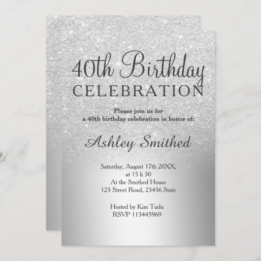 Silver Glitzer ombre metallic 40. Geburtstag Einladung (Vorne/Hinten)