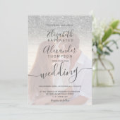 Silver Glitzer ombre rosa Drehbuch Foto Hochzeit Einladung (Stehend Vorderseite)