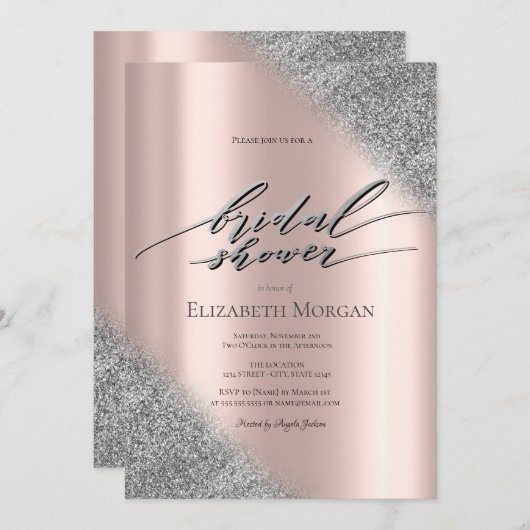 Silver Glitzer Ombre Rose Gold Brautparty Einladung (Vorne/Hinten)