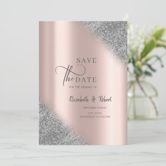 Silver Glitzer Ombre Rose GoldSpeichern Sie das Da Save The Date (Stehend Vorderseite)