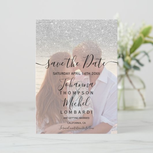 Silver Glitzer ombre Script-Foto Save the Date (Stehend Vorderseite)