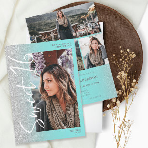 Silver Glitzer ombre Skript aquamarin 4 Fotos Swee Einladung