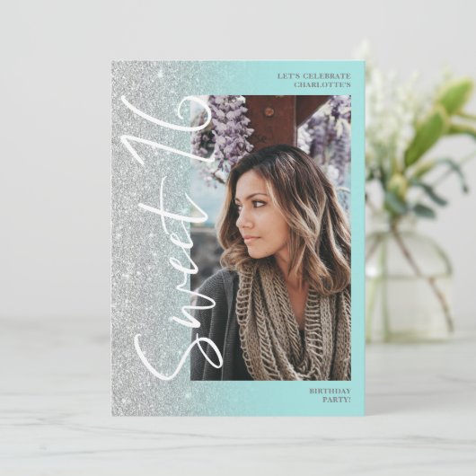 Silver Glitzer ombre Skript aquamarin 4 Fotos Swee Einladung (Stehend Vorderseite)