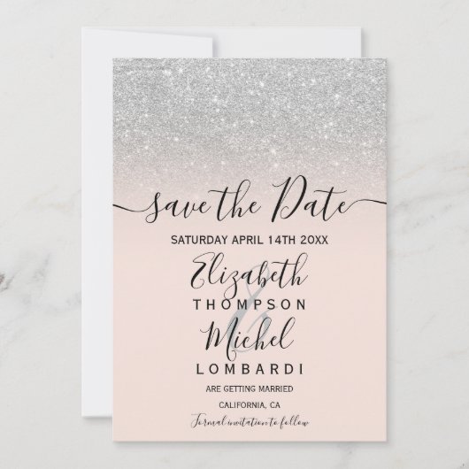 Silver Glitzer ombre Skript wird Save the Date rot (Vorderseite)