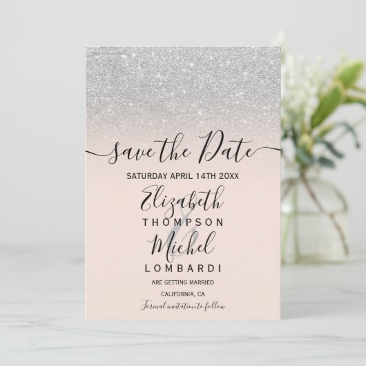 Silver Glitzer ombre Skript wird Save the Date rot (Stehend Vorderseite)