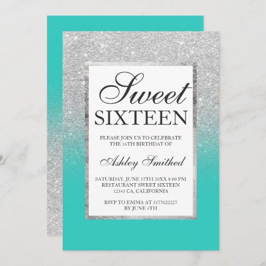 Silver Glitzer ombre türkis Chic Sweet 16 Einladung (Vorne/Hinten)