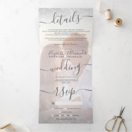 Silver Glitzer ombre White Script Foto Hochzeit Dreifach Gefaltete Einladung
