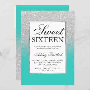 Silver Glitzer Omelett Türkis Chic Sweet 16 Einladung
