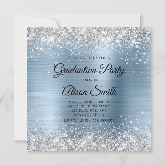 Silver Glitzer Pale Blue Monogram Graduation Party Einladung (Vorderseite)