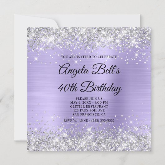 Silver Glitzer Pale Lavendel Shimmer Foil Monogram Einladung (Vorderseite)